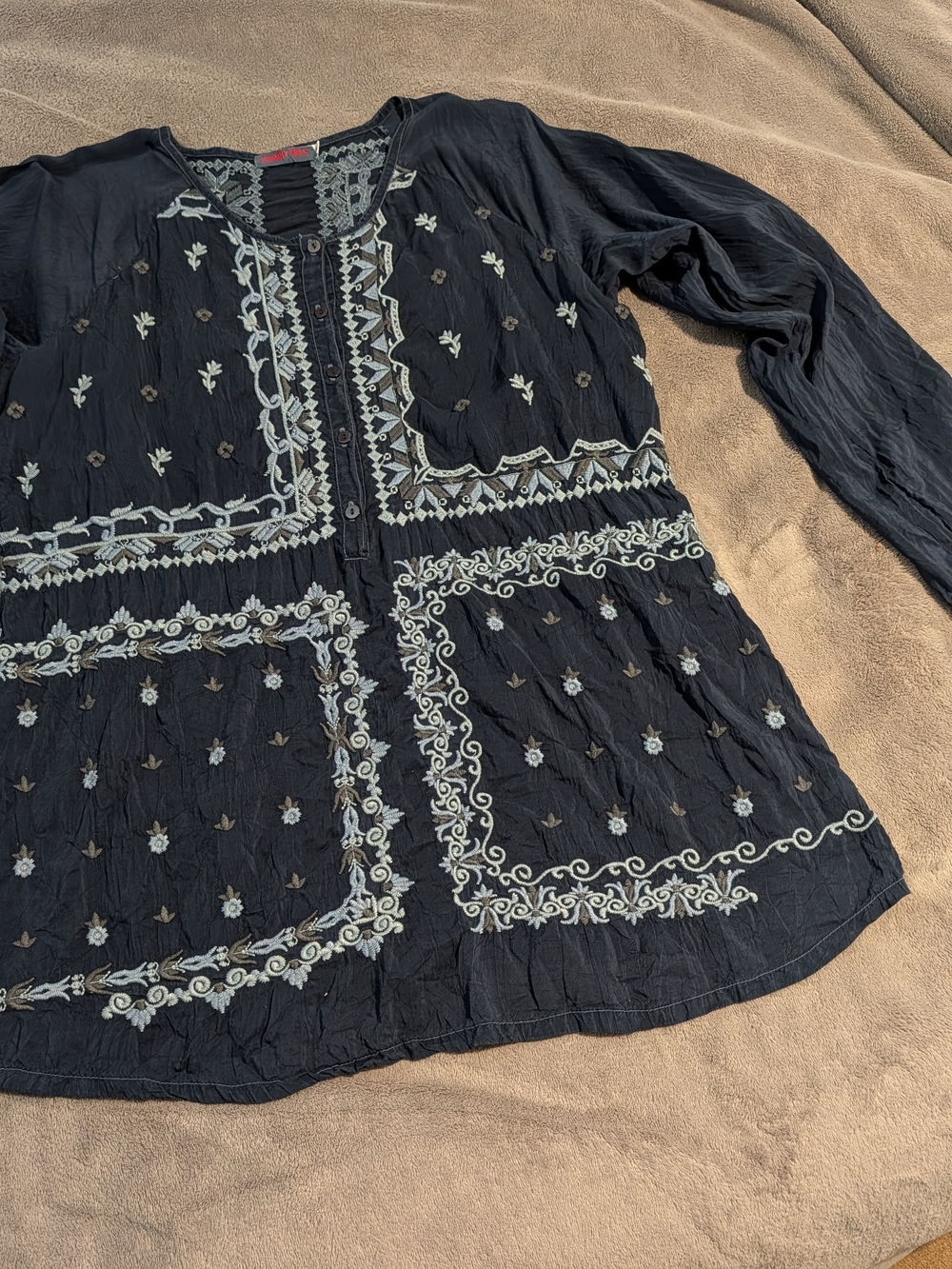 Johnny Was Embroidered Blue Silk Blend Boho Tunic Top M Mended